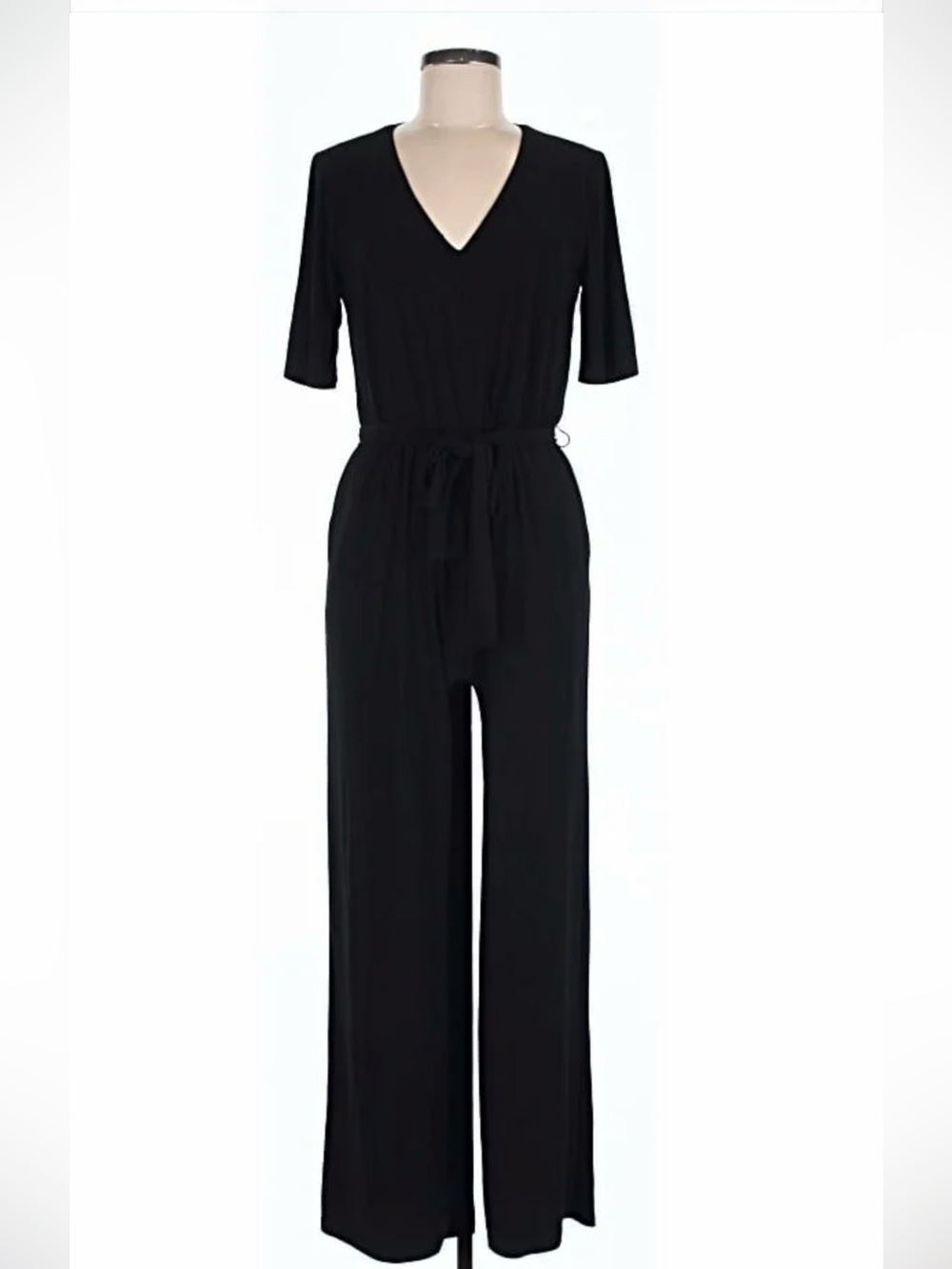 Vince Camuto Black Short-Sleeve V-Neck Wide-Leg Jumpsuit